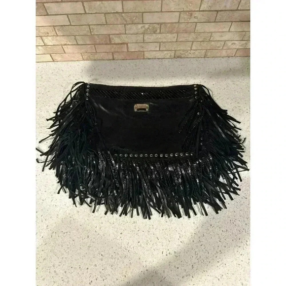 Jimmy Choo Black Snakeskin and Leather Studded Fringe Shoulder Bag #g4 - Picture 1 of 5